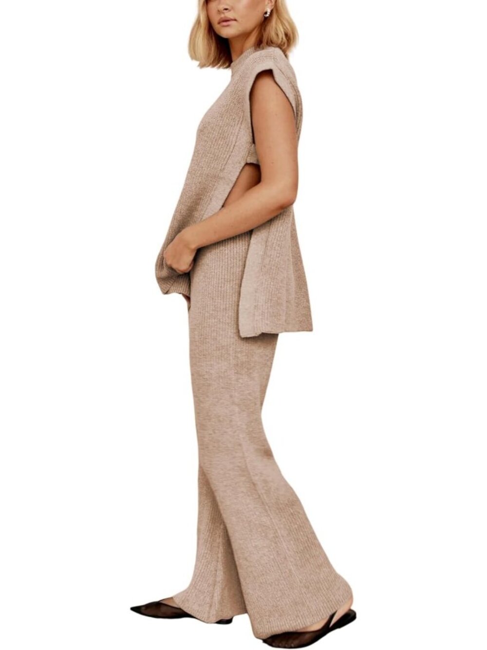 Chic Women's 2-Piece Sweater Set - Sleeveless Pullover & Wide Leg Lounge Pants